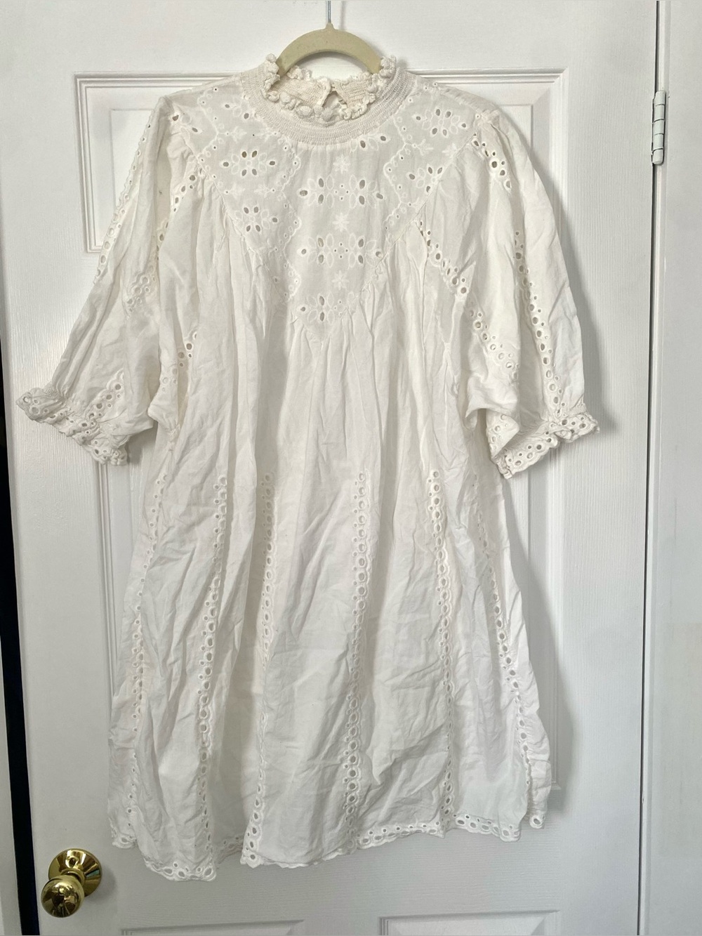 White Eyelet Smocked Neck Mini Dress 100% Cotton Size Medium
